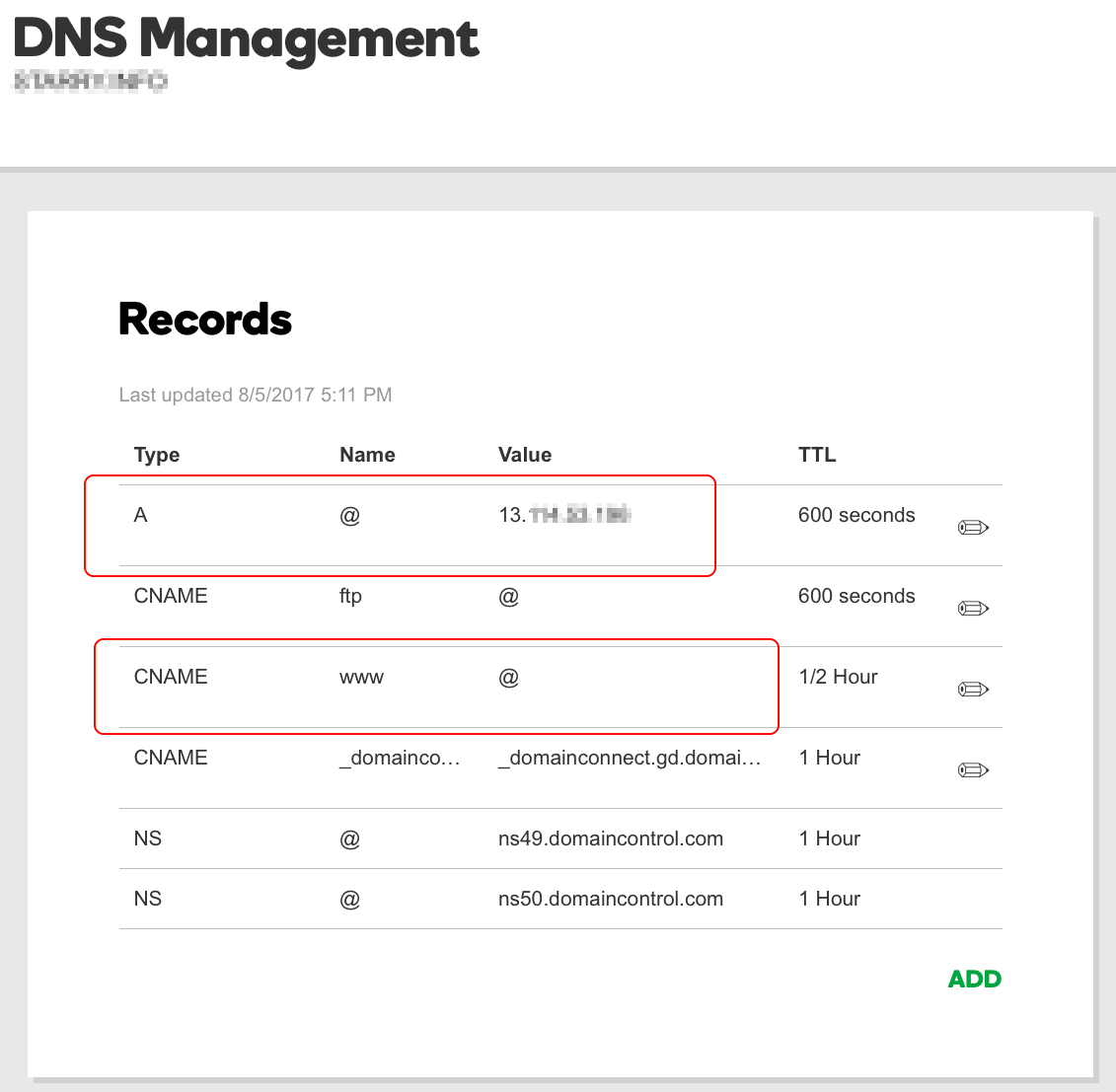 고대디 도메인 DNS 관리화면. A타입 레코드와 CNAME 레코드 타입이 있다