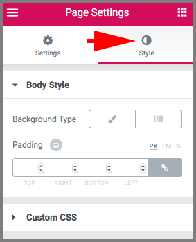 Body Style과 Custom CSS 옵션 항목이 보인다