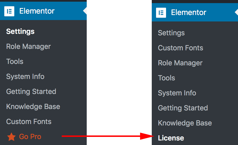 Elementor 메뉴에 License 서브메뉴