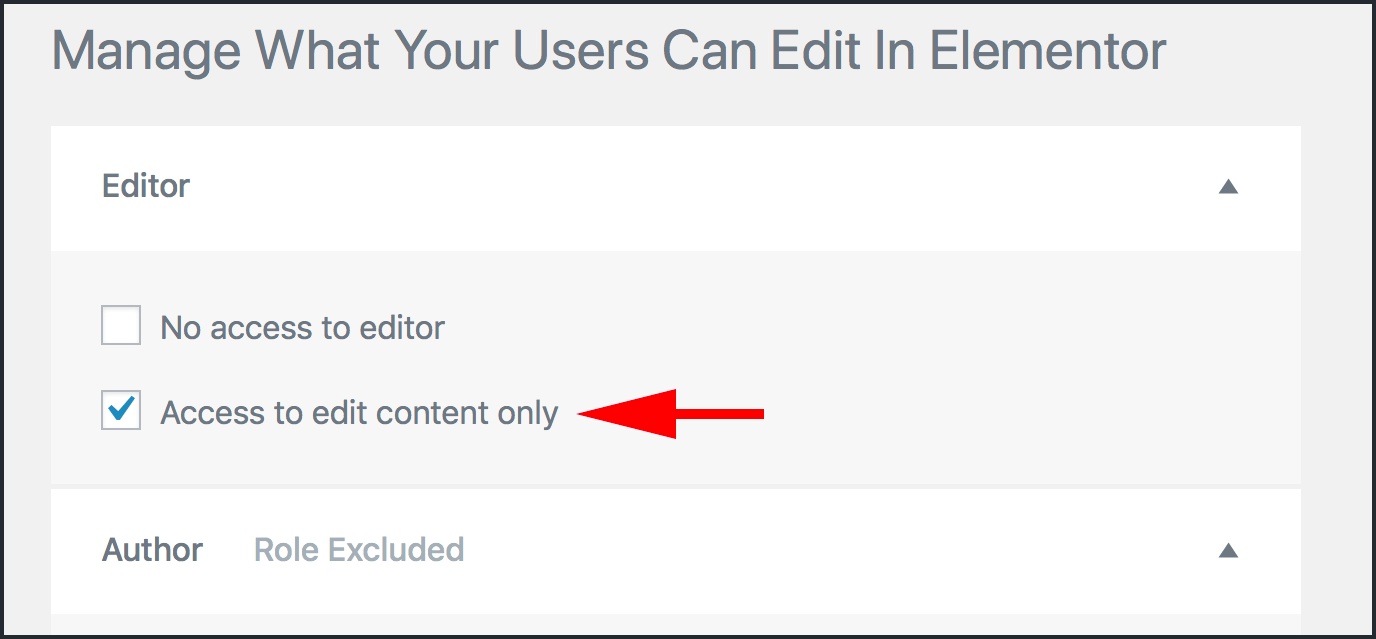 No access to editor와 Access to edit content only 두개의 옵션