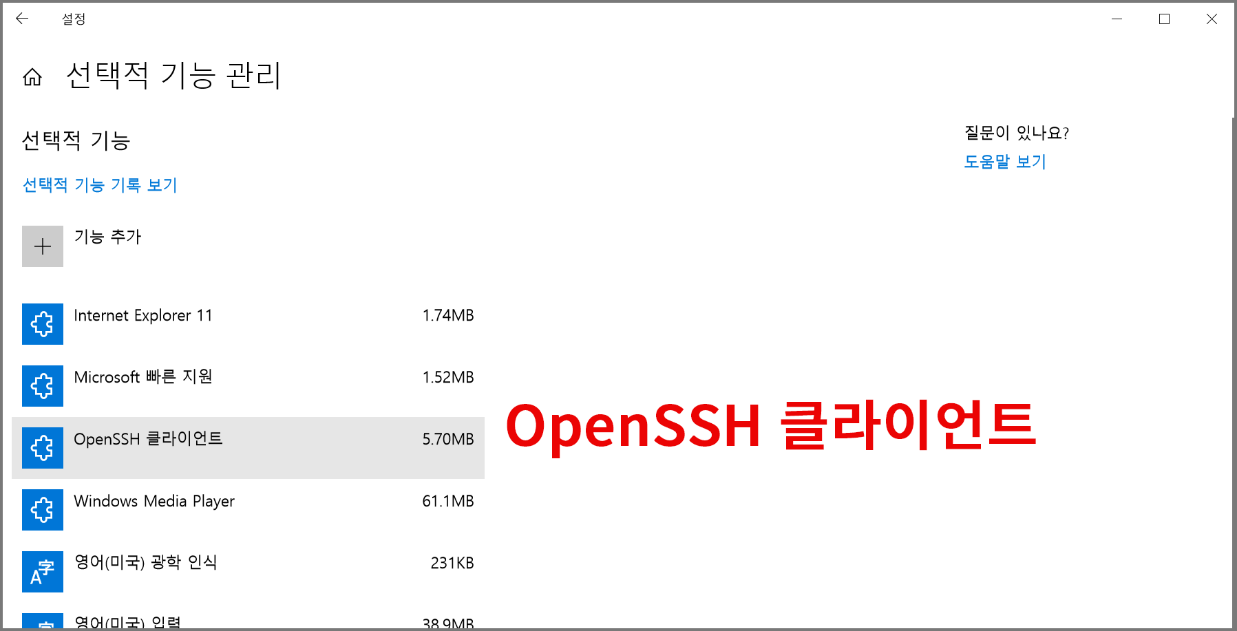 OpenSSH 클라이언트 설치 확인화면